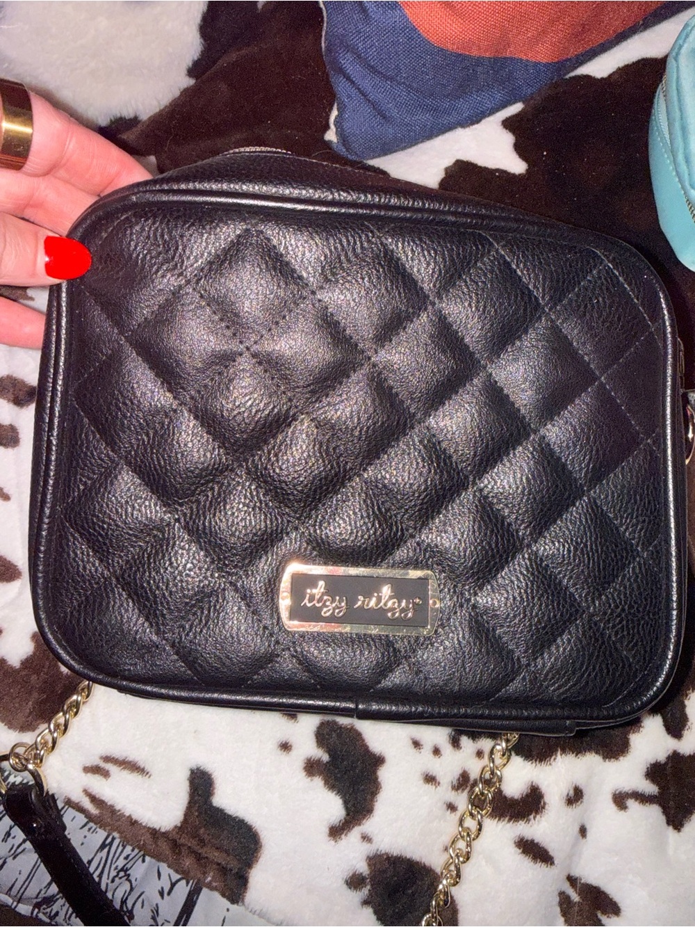 Itzy Ritzy Quilted Black Crossbody with Gold Chain Accent